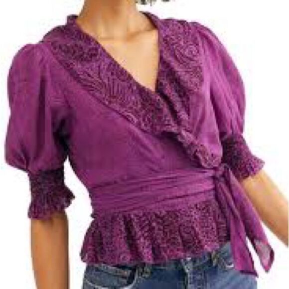 2/25$ Free People Purple Wrap Top Sz L - Picture 1 of 6